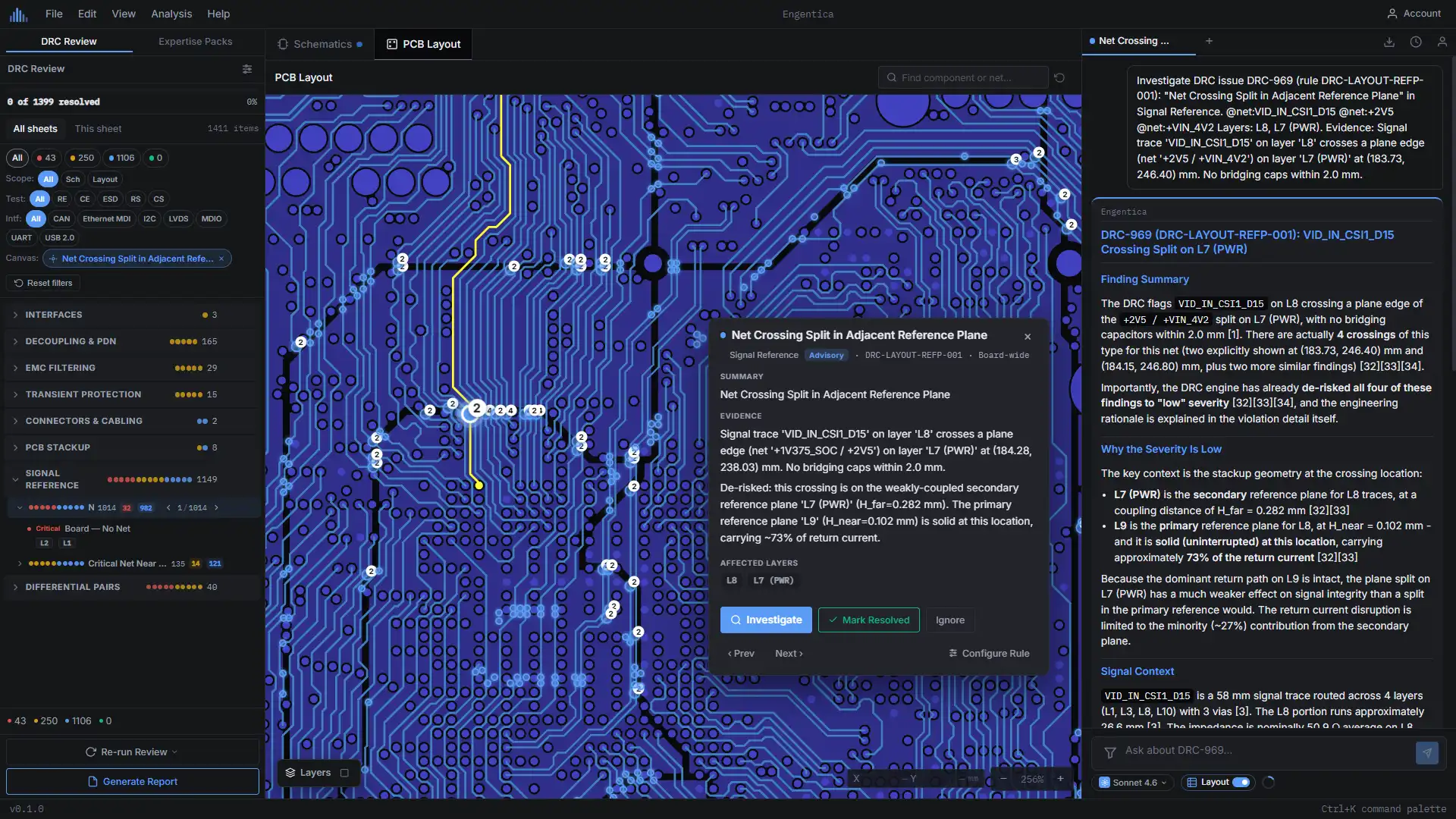 Engentica design review interface showing PCB layout DRC findings with AI investigation panel